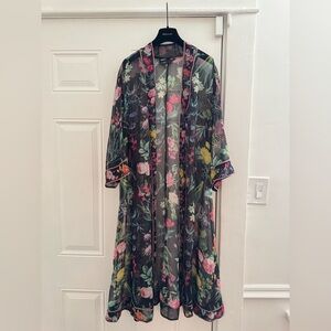 Tadashi Shoji Black Sheer Floral kimono Open Duster with Pink and Green Accents